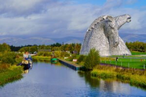 Falkirk, UK - October 07, 2022: Scene of the Helix and the Kelpies, with locals and visitors. Scotland, UK